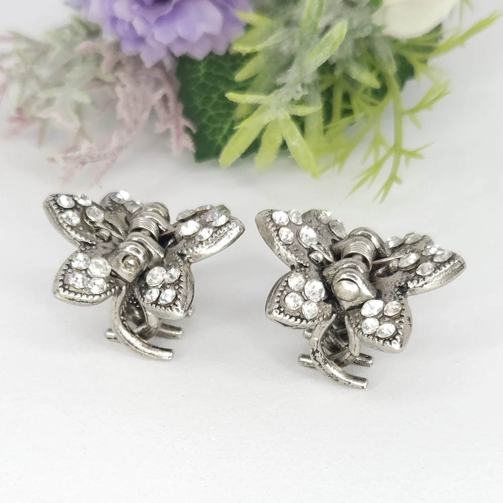 2 Silver Crystal Flower Hair Clips or Barrettes